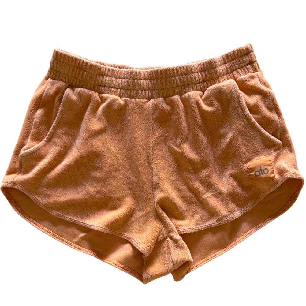 Alo Yoga Terry Cloth Shorts Orange Dolphin Hem Elastic Waist Lounge Pockets M